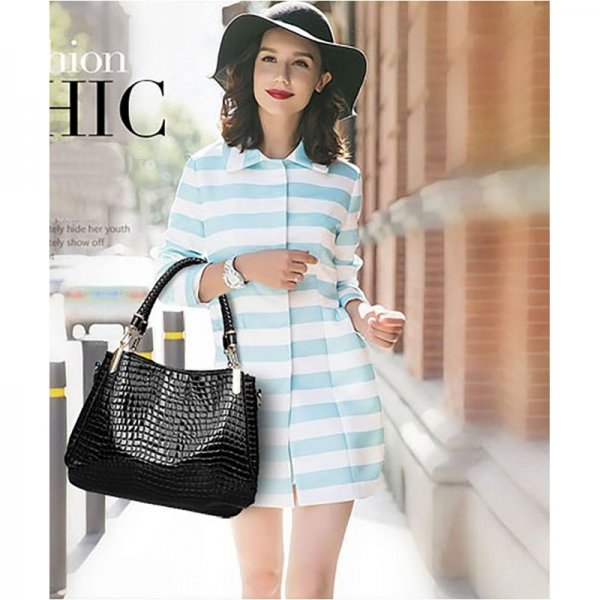 NEW CROCODILES PATTERN WOMEN HANDBAGS FASHION SHOULDER MESSENGER BAG TWO PIECES SETHANDBAG + WALLET - BLACK - Image 7