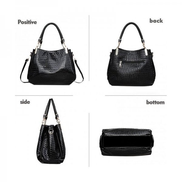 NEW CROCODILES PATTERN WOMEN HANDBAGS FASHION SHOULDER MESSENGER BAG TWO PIECES SETHANDBAG + WALLET - BLACK - Image 6