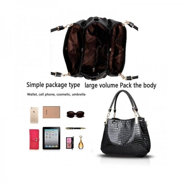 NEW CROCODILES PATTERN WOMEN HANDBAGS FASHION SHOULDER MESSENGER BAG TWO PIECES SETHANDBAG + WALLET - BLACK - Image 4